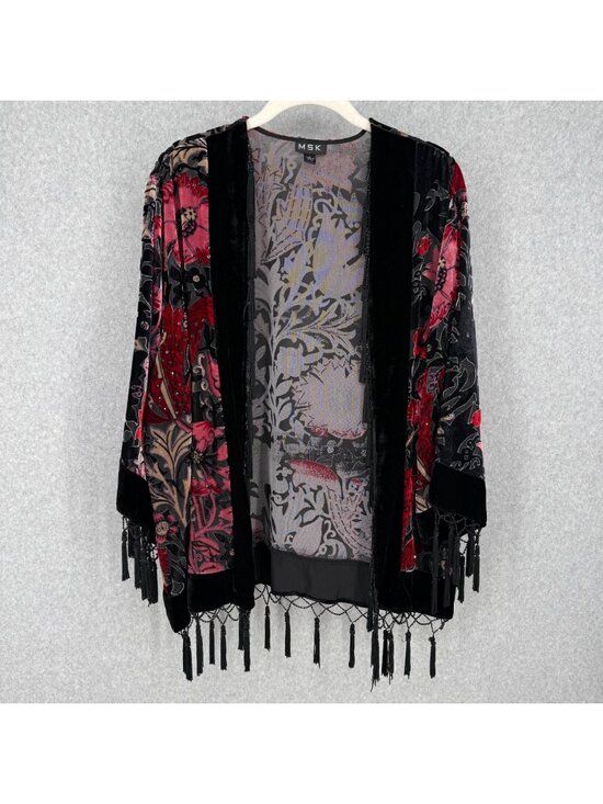 MSK Other - MSK Womens VTG Velvet Burnout Floral Kimono Duster Size L Black Red Whimsy Dark